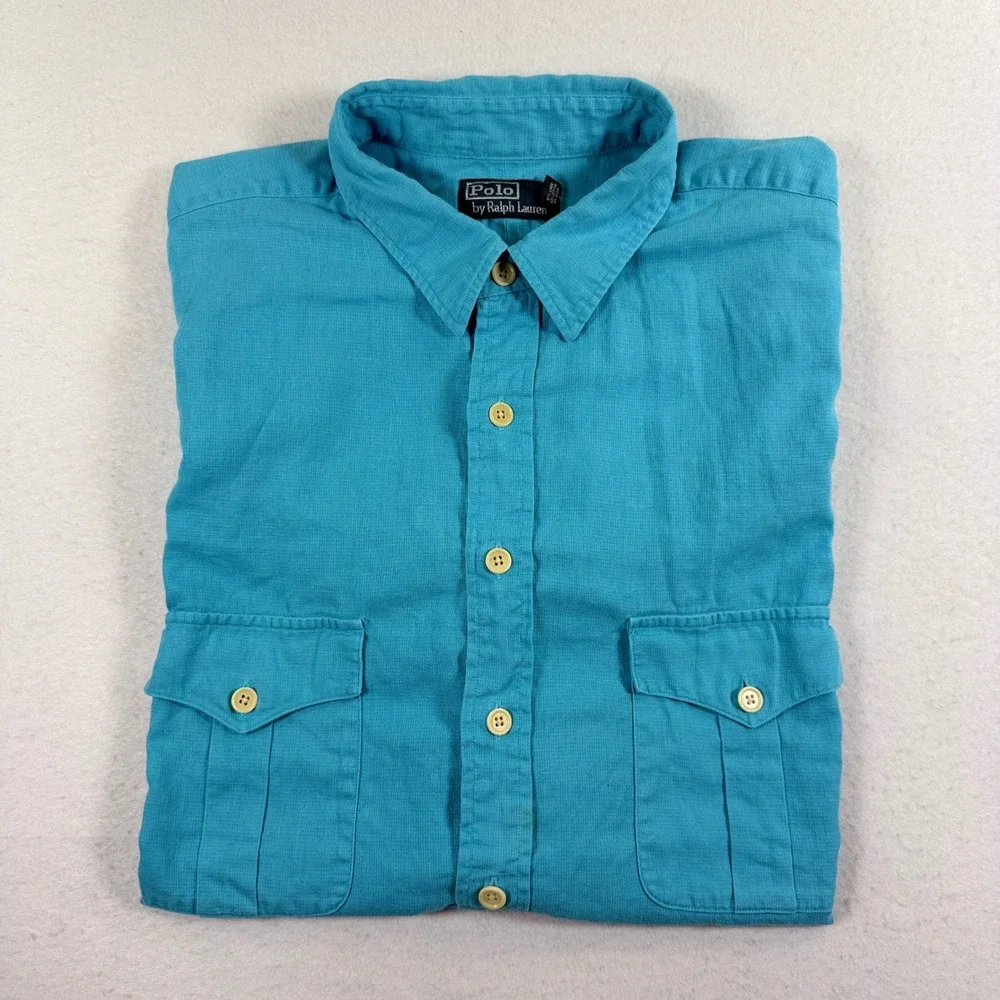 Vintage Polo Ralph Lauren Mens 2XB Blue Linen Cotton Short Sleeve Button Pockets